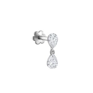 May include: A silver-toned flat back stud earring featuring a pear-shaped clear stone set on the post and a matching pear-shaped clear stone dangling from a small jump ring. The earring has a flower-shaped backing mechanism for secure closure.