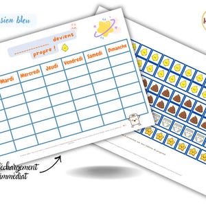 以下が含まれることがあります： 青いグリッドチャートと漫画のイラストが描かれた2枚の白い紙。 1つのチャートには「Version bleu」と「deviens propre！」というテキストがあります。もう1つのチャートには、漫画の画像が並んでいます。