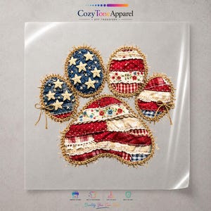 May include: A paw print shaped DTF transfer featuring a patchwork design in red, white, and blue. The design includes star patterns, floral prints, and plaid textures with frayed edges. The top left section is blue with stars, while the other sections feature stripes and floral motifs. The entire graphic is outlined with a textured, frayed border.