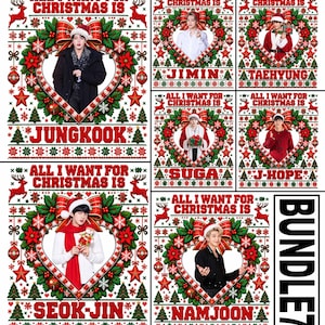 May include: A digital graphic collection featuring seven individual designs and one bundle label. Each design displays a heart-shaped wreath of holly, poinsettias, and ornaments surrounding a photo of a person, with the text ALL I WANT FOR CHRISTMAS IS and the names Jungkook, Jimin, Taehyung, Suga, J-Hope, Seok-Jin, or Namjoon.