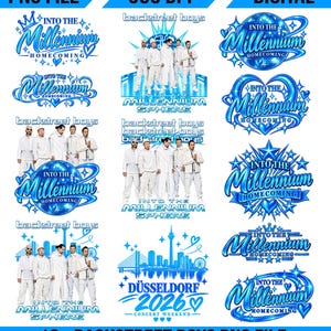 Puede incluir: Una colección digital de diseños gráficos en tonos azules con el texto Into The Millennium Homecoming y Backstreet Boys. Las imágenes incluyen ilustraciones de una bola de discoteca, estrellas, corazones, un horizonte urbano y cinco personas de blanco.