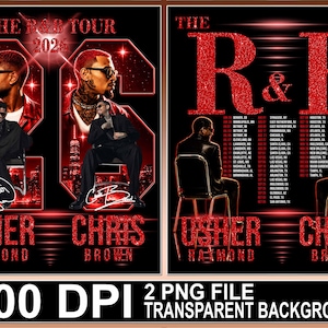 Pode incluir: Um design gráfico digital para a The R&B Tour 2026 com Usher Raymond e Chris Brown. O layout inclui texto com glitter vermelho, retratos dos artistas, uma lista de datas da turnê e assinaturas em um fundo preto com silhuetas de cidades.