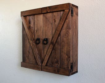 Rustic Barn Door Style Wooden Liquor and Dartboard Cabinet