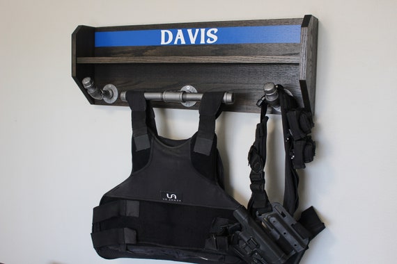 Large Oak Wall Mounted Police Duty and Tactical Gear Rack Thin Blue Line 