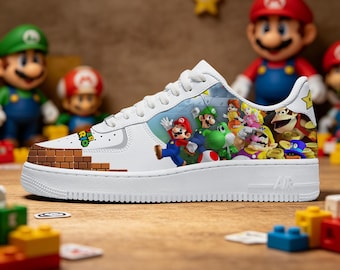 Tênis personalizados da equipe do Mario, tênis gamer pintados à mão, presente de aniversário personalizado para ele/ela.
