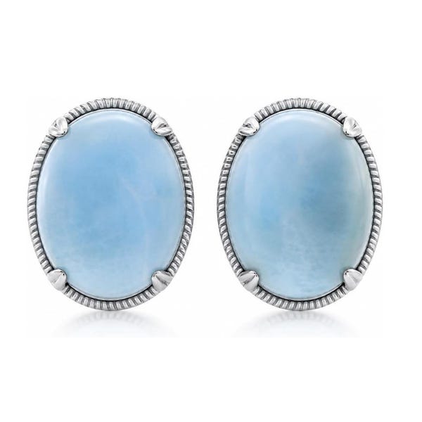 925 Sterling Silver Natural Larimar Oval Stud Earrings for Women Genuine Blue Gemstone Earrings Handmade Vintage Everyday Artisan Jewelry