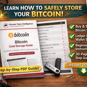 May include: A guide titled "Bitcoin Cold Storage Guide" with the text "Learn How to Safely Store Your Bitcoin!" is displayed on a wooden surface. The guide includes a Ledger hardware wallet, a coffee cup, and Bitcoin coins. The guide promises beginner-friendly instructions.
