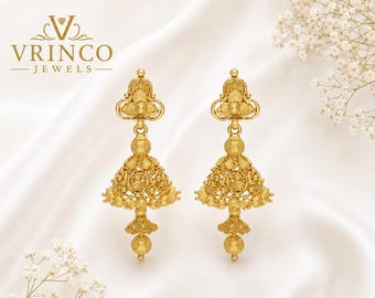 Exquisitos pendientes de oro Jhumka de diseño – Pendientes de lujo de oro amarillo de 22 quilates