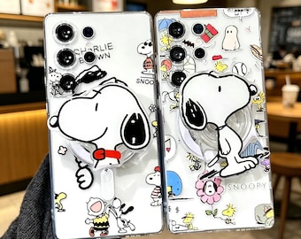 Jolie coque de téléphone Snoopy avec support magnétique pour Samsung S26 Ultra S25 S24 S23 S22 S21 A56 A36 A15 A14, coque transparente dessin animé avec dragonne