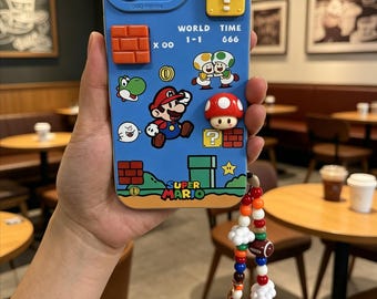 für iPhone 17 Pro Max 16 15 14 13 12 11 3D Cartoon Mario Handyhülle mit Spiegel Stand Perlen Charme Stoßfest Retro Gaming Back Cover
