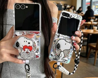 Cartoon Magnetic Stand Snoopy Phone Case with Lanyard for Samsung Galaxy Z Flip 8 7 6 5 4 3, Cute Clear Laser Protective Back Cover