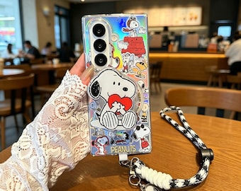 Cartoon Magnetic Stand Snoopy Phone Case with Lanyard for Samsung Galaxy Z Fold 8 7 6 5 4 3, Cute Clear Laser Protective Back Cover