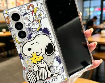Cartoon Magnetic Stand Snoopy Phone Case with Lanyard for Samsung Galaxy Z Fold 8 7 6 5 4 3, Cute Clear Shockproof Protective Back Cover