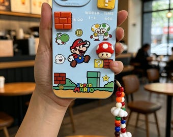Funda para iPhone 17 Pro Max 16 15 14 13 12 11 con diseño 3D de Mario y dije de cuentas, resistente a golpes y estilo retro para videojuegos.