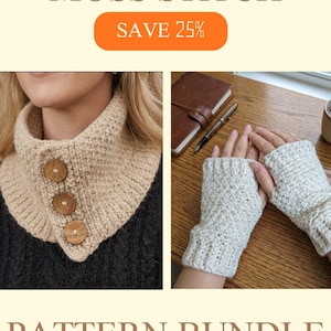 May include: A crochet pattern bundle titled MOSS STITCH. The image displays a beige cowl neck warmer featuring three large wooden buttons and a pair of off-white fingerless gloves with a textured moss stitch pattern, both crafted from yarn.