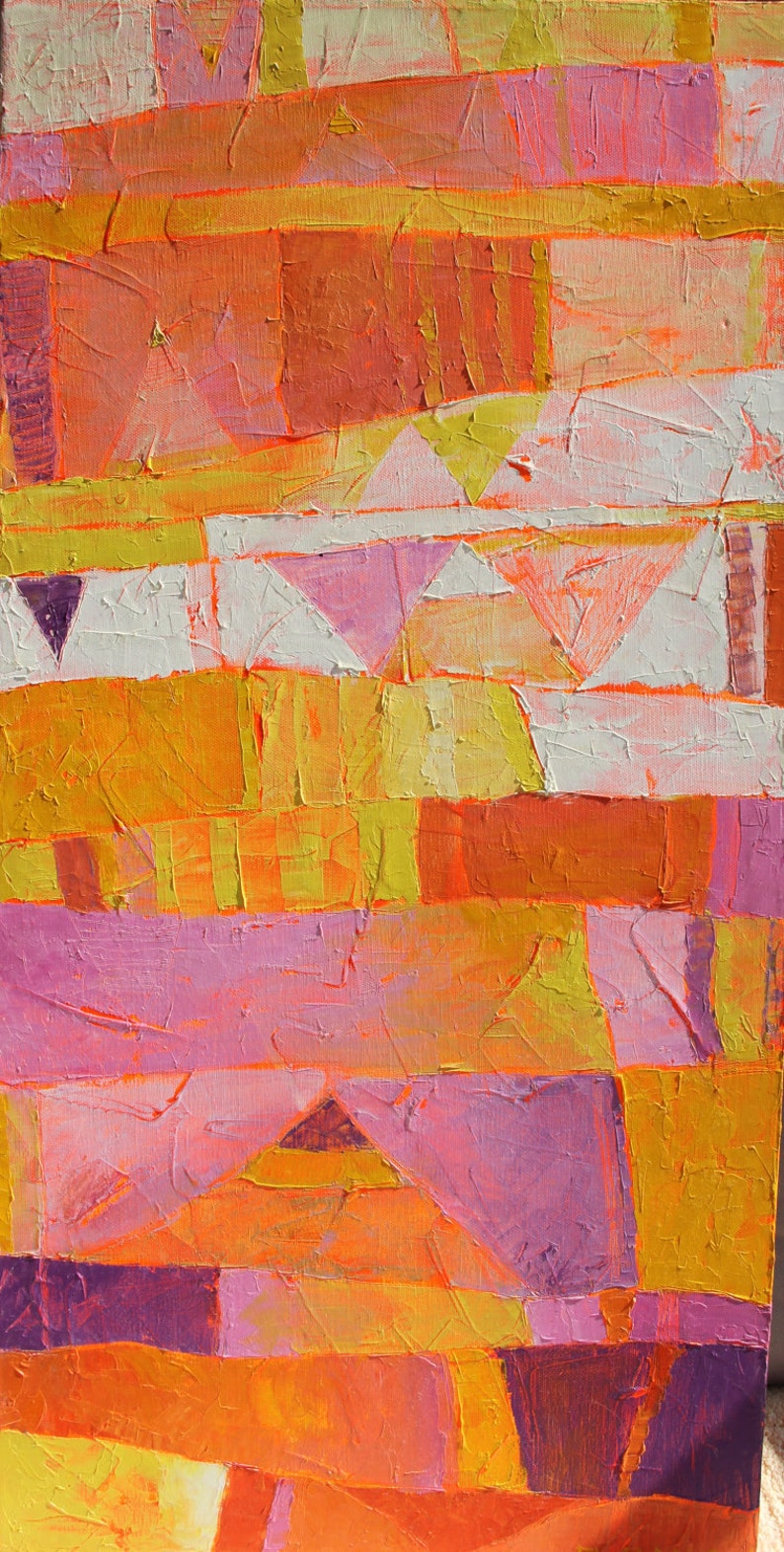 SUNNY Original oil abstract painting on canvas-Yellow Orange Purple White Fluorescent 40x80cm 15,7''x31,5'' image 2