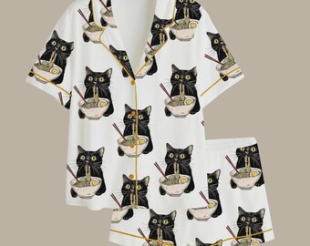 Conjunto de pijama de satén con estampado de ramen de gato negro, pijama kawaii de manga corta.