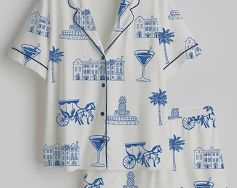 Charleston Toile Pajama Set – Blue Toile Sleepwear – Coastal Vacation Loungewear – Bridal Party Gift