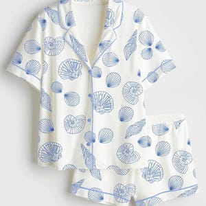 Satin Shell Print Pajama Set, Coastal Blue Summer Sleepwear, Beach Coquette Gifts