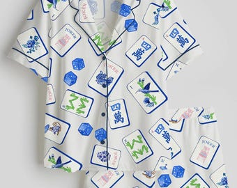 Mahjong Satin Pajama Set, Lucky Tile Sleepwear, Silk Feel Loungewear