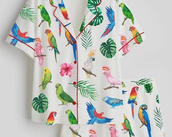 Tropical Parrot Satin Pajama Set – Women's Summer Loungewear, Bird Lover Gift
