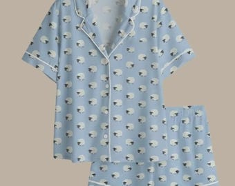 Satin Sheep Print Pajama Set Women, Button-Down Short Sleeve Sleepwear