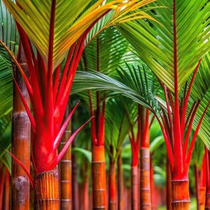 May include: A cluster of lipstick palms featuring vibrant, bright red crownshafts and trunks that transition into a deep, textured brown at the base. The palm trees have long, arching, bright green fronds that fan out from the red stems.