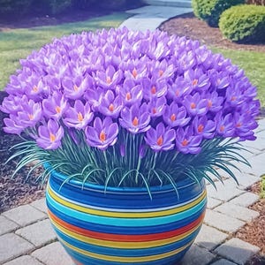Peut inclure: Un grand pot de fleurs rond à rayures multicolores présentant des bandes horizontales bleues, jaunes et orange. Le pot est rempli d'un groupe dense de fleurs de crocus violettes éclatantes, chacune avec des centres orange vif et des tiges vertes.