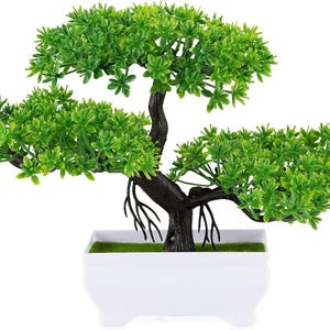 Mini Artificial Bonsai Tree in Cement Pot – Faux Green Plant for Home Office Desk