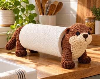 Chubby Otter Paper Towel Holder, Hand Crocheted Kitchen Decor, River Animal Gift