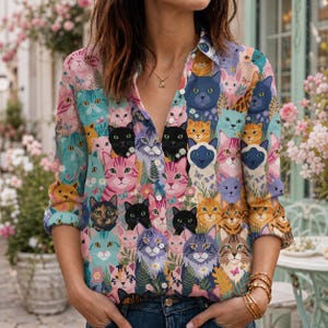 May include: A long-sleeved button-down shirt featuring a colorful all-over print of various cat faces in shades of pink, blue, orange, and black, interspersed with small floral and butterfly motifs, with a classic collar and white buttons.