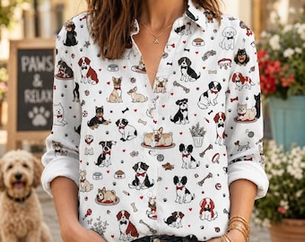 Camicetta in lino con stampa di cani, camicia con bottoni e motivo di cuccioli carini, top a maniche lunghe per amanti dei cani, regalo per amanti degli animali, camicia casual da donna con animali domestici