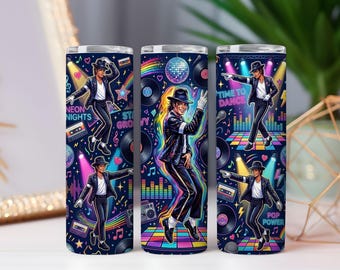 Diseño PNG para vaso de 20 oz con temática de música pop retro y baile, diseño de sublimación para vaso delgado, descarga de diseño para vaso de fiesta neón
