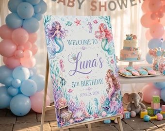 Personalized Mermaid Baby Shower Welcome Sign, Custom Name Under the Sea Party Decor, Ocean Birthday Party Print, Girl & Boy Nursery