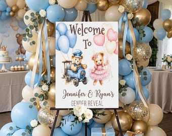 Personalized Baby Shower Welcome Sign, Gender Reveal Party Sign with Teddy Bears and Balloons, Custom Name Photo Board, Baby Announcement