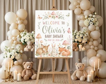 Personalized Baby Shower Welcome Sign, Woodland Animal Baby Shower Decorations, Custom Name Sign, Girl & Boy Nursery Party Decor