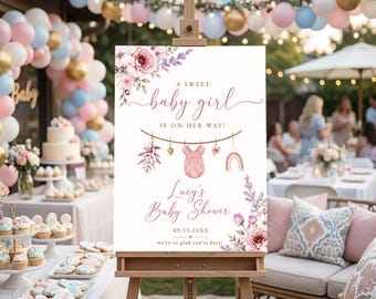Personalized Baby Girl Shower Welcome Sign, Pink Floral Baby Shower Poster, Custom Girl Baby Shower Decor, Boho Balloon Party Welcome Board