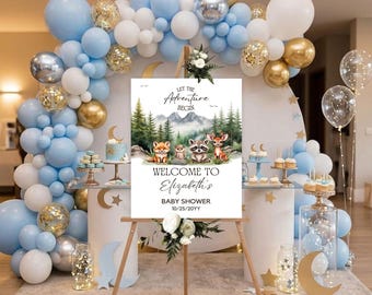 Personalized Woodland Baby Shower Welcome Sign, Forest Animal Theme, Custom Name Party Board, Green Nature Baby Celebration