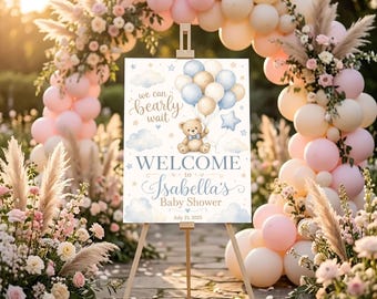 We Can Bearly Wait Blue Balloon Welcome Board, Custom Teddy Bear Baby Boy Shower Sign, Personalized Cloud Star Baby Shower Poster Decor