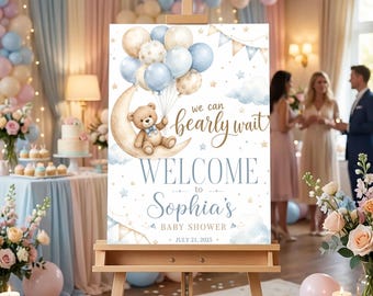 Baby Shower Welcome Sign, We Can Bearly Wait Teddy Bear Poster, Blue Balloon Baby Shower Decor, Custom Boy Shower Welcome Board