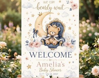 Baby Shower Welcome Sign, We Can Bearly Wait Teddy Bear Sign, Personalized Baby Shower Poster, Moon Stars Shower Decor