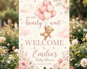 Personalized Baby Shower Welcome Sign, We Can Bearly Wait Teddy Bear Poster, Pink Baby Girl Shower Decor, Bear Balloon Floral Sign