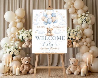 Personalized Teddy Bear Baby Shower Welcome Sign, We Can Bearly Wait Bear Theme Baby Shower Poster, Blue Balloon Welcome Board for Baby Boy