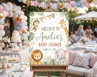Personalized Jungle Safari 1st Birthday Baby Shower Welcome Sign, Baby Animal Party Decor for Boys & Girls, Printable Canvas Poster