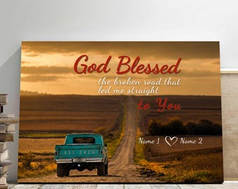 Premium Personalized Country Road Canvas, Custom Couple Names Wall Art, Rustic Truck Anniversary Wedding Gift