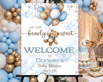 Personalized Baby Shower Welcome Sign, Blue Teddy Bear Floating with Balloons, Custom Danielle’s Baby Shower Board, Photo Backdrop 2025