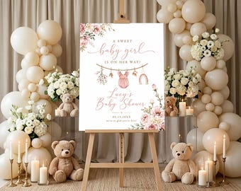 Personalized Baby Girl Shower Welcome Sign, Pink Floral Baby Shower Poster, Custom Girl Party Decor, Teddy Bear Garden Welcome Board