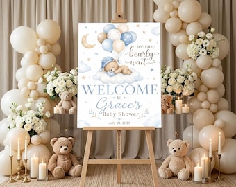 Personalized Teddy Bear Baby Shower Welcome Sign, We Can Bearly Wait Baby Boy Shower Poster, Blue Balloon Moon Star Welcome Board,
