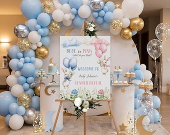 Personalized Gender Reveal Sign, Blue or Pink Baby Shower Welcome Board with Bunny and Balloons, Custom Baby Name Party Decor,Photo Backdrop