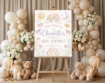 Personalized Baby Shower Welcome Sign, Rainbow Sun Moon Birds Flowers, Custom Name Nursery Party Decor, Girl & Boy Sprinkle Decor